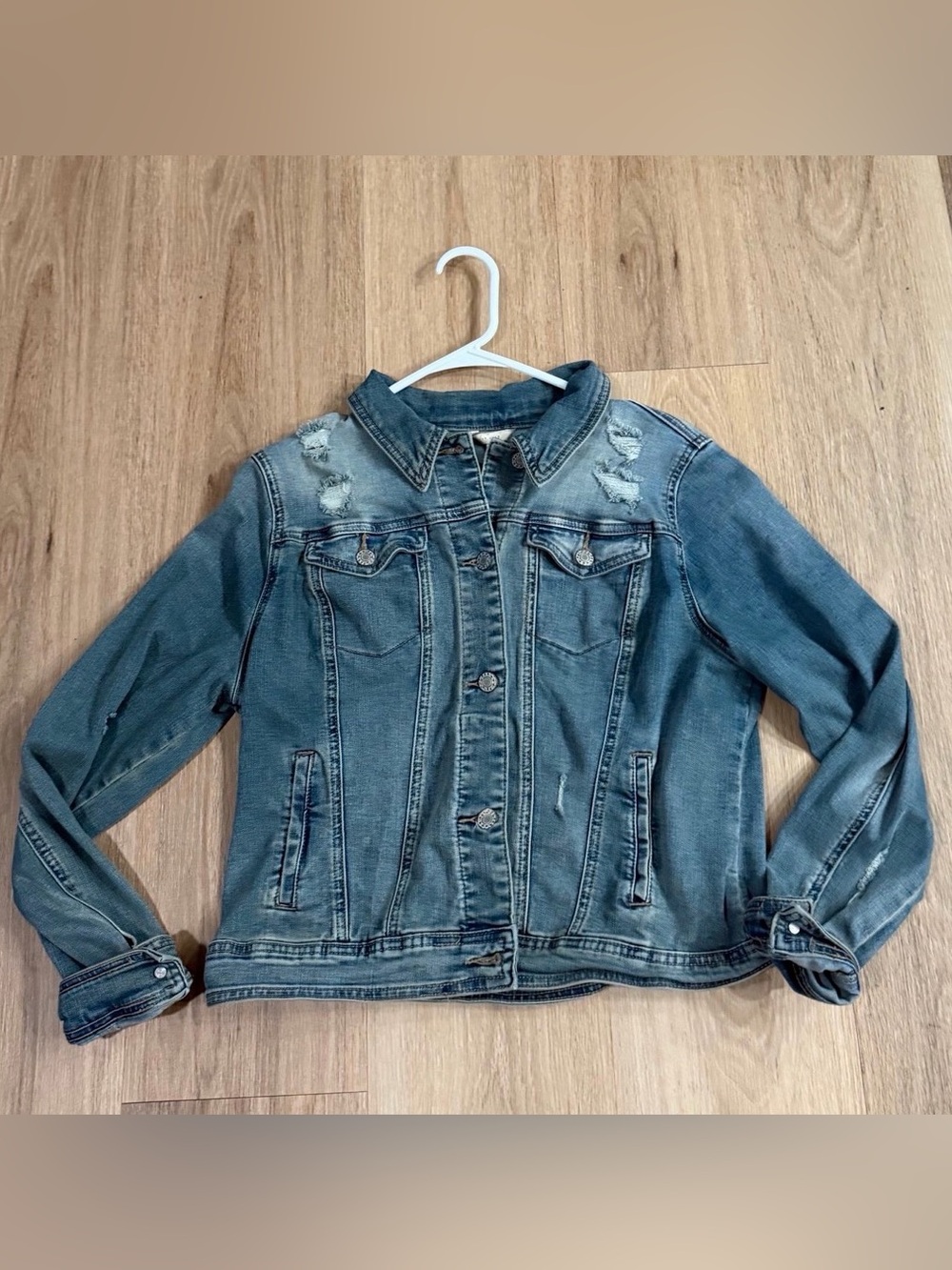 Est. 1946 Women’s Distressed Blue Denim Jacket size Small Grunge Y2K Style